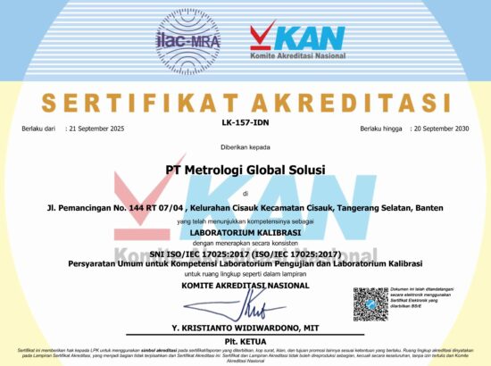 Diperpanjang ! Sertifikat Akreditasi PT. Metrologi Global Solusi berlaku sampai tahun 2030