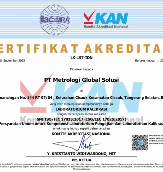 Diperpanjang ! Sertifikat Akreditasi PT. Metrologi Global Solusi berlaku sampai tahun 2030